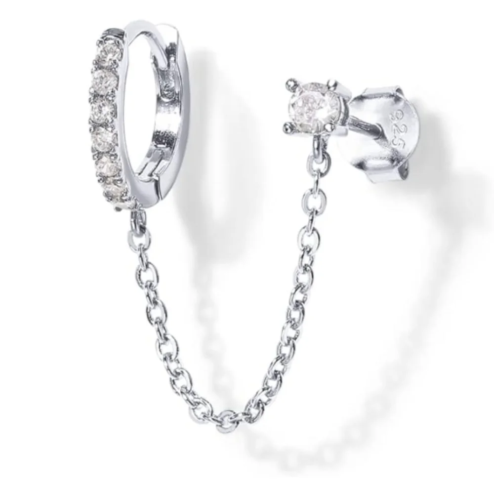 14K Gold Double Piercing Dangle Chain Huggie Hoop CZ Earrings In White Gold